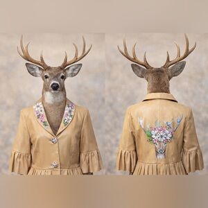Terry Lewis Handpainted deer buttery soft tan pleated leather jacket sz MD OOAK